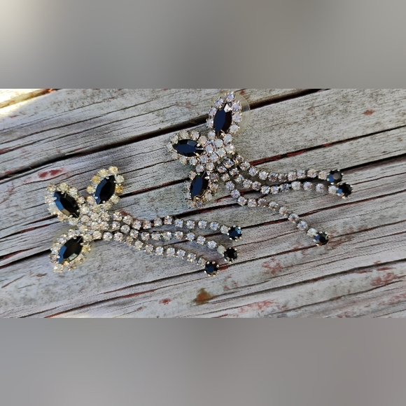 Art Deco Cocktail Rhinestone Earrings Black & Clear Dangled Pageant RARE - Picture 6 of 10